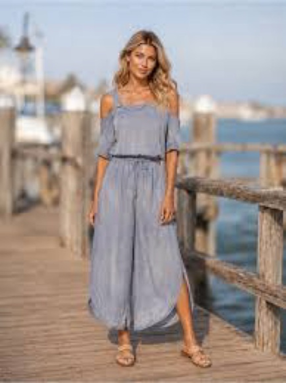Light Blue Wide-Leg Jumpsuit with Adjustable Straps
